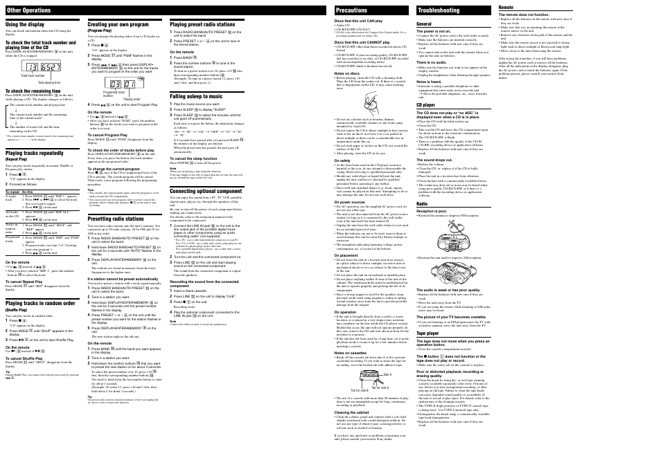 Other operations, Precautions, Troubleshooting | Sony Xplod CFD-G505 User Manual | Page 2 / 2