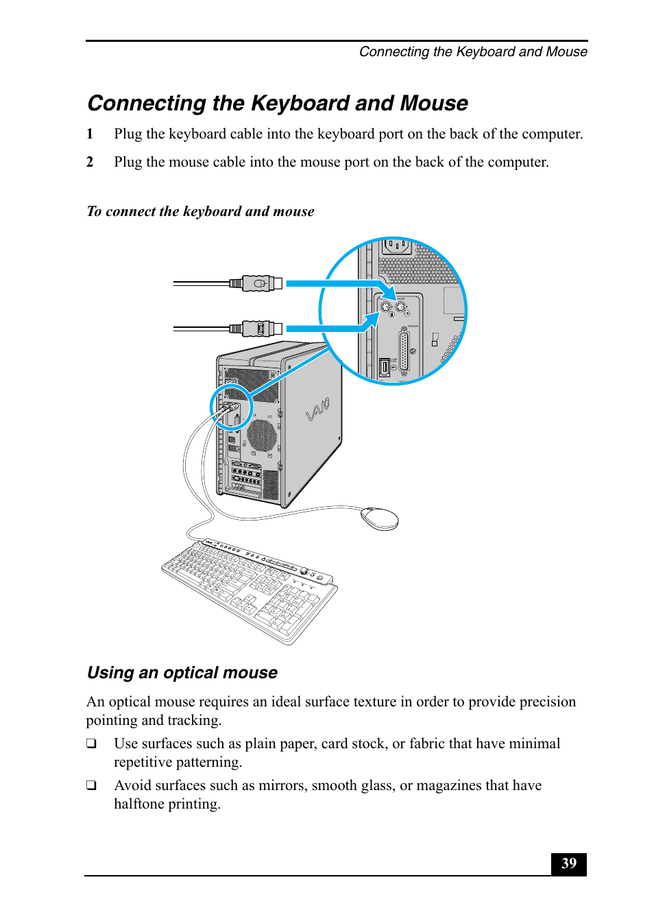 Connecting the keyboard and mouse, Using an optical mouse | Sony PCV-RZ49 User Manual | Page 39 / 84