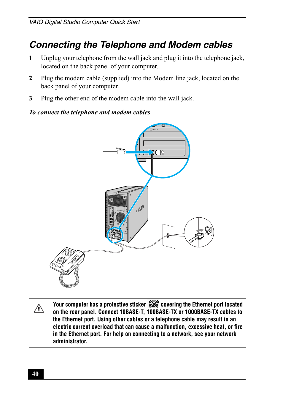 Connecting the telephone and modem cables, Vaio digital studio computer quick start | Sony PCV-RZ49 User Manual | Page 40 / 84