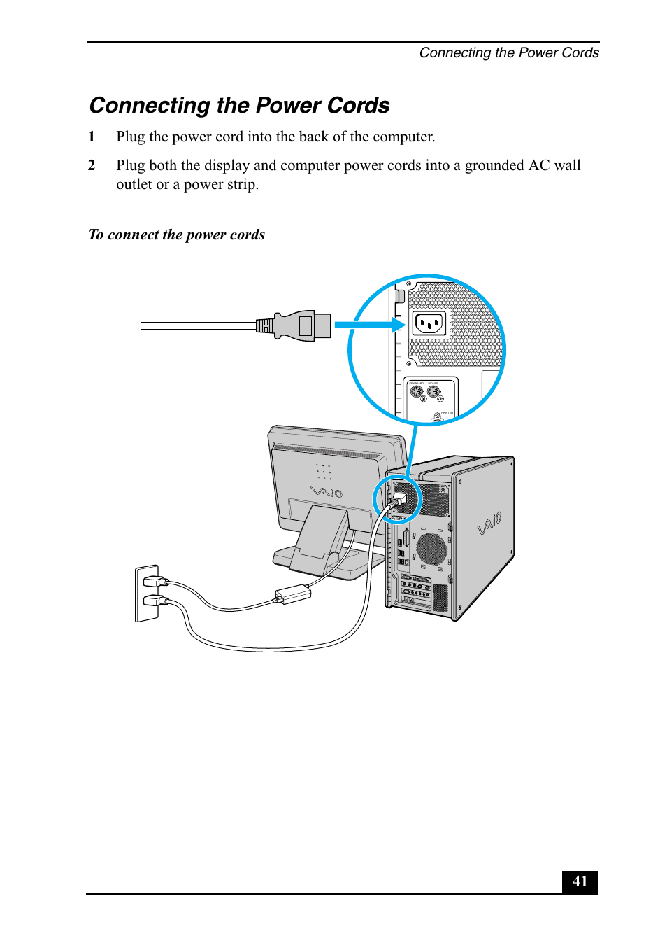 Connecting the power cords wer cords | Sony PCV-RZ49 User Manual | Page 41 / 84