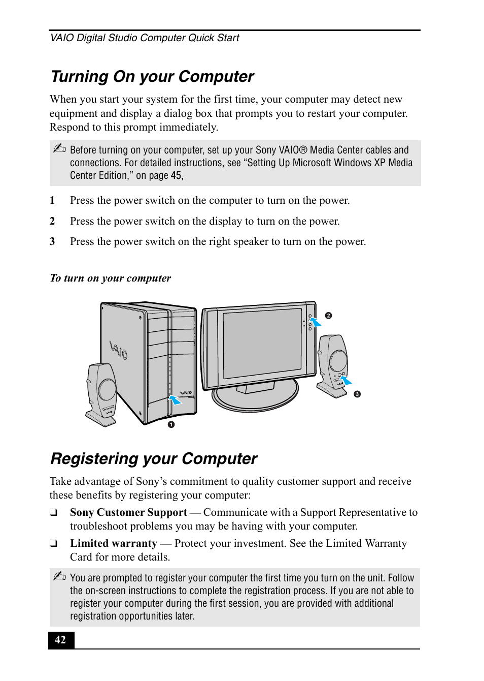 Turning on your computer, Registering your computer | Sony PCV-RZ49 User Manual | Page 42 / 84