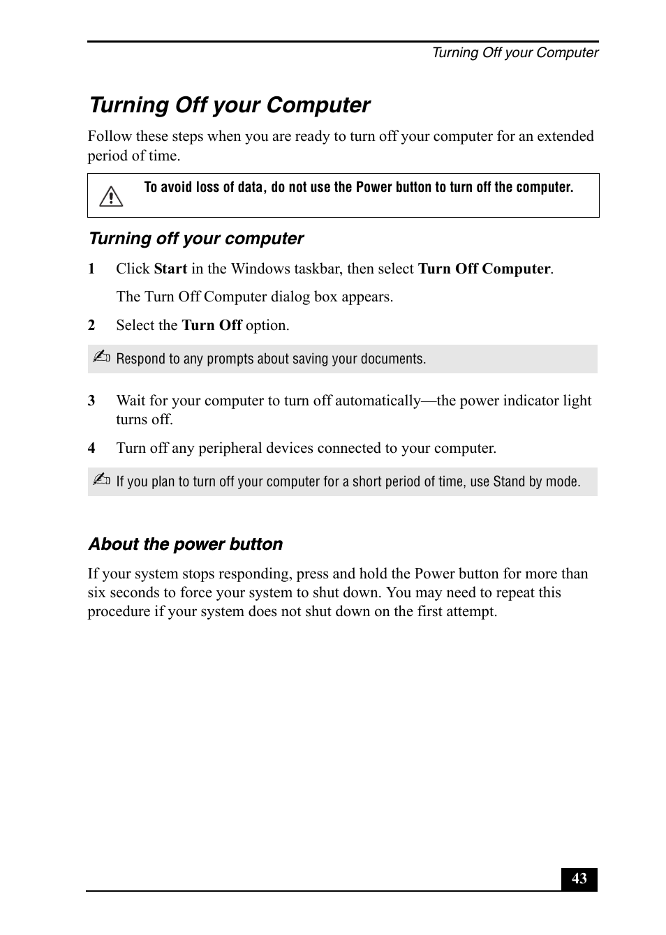 Turning off your computer | Sony PCV-RZ49 User Manual | Page 43 / 84