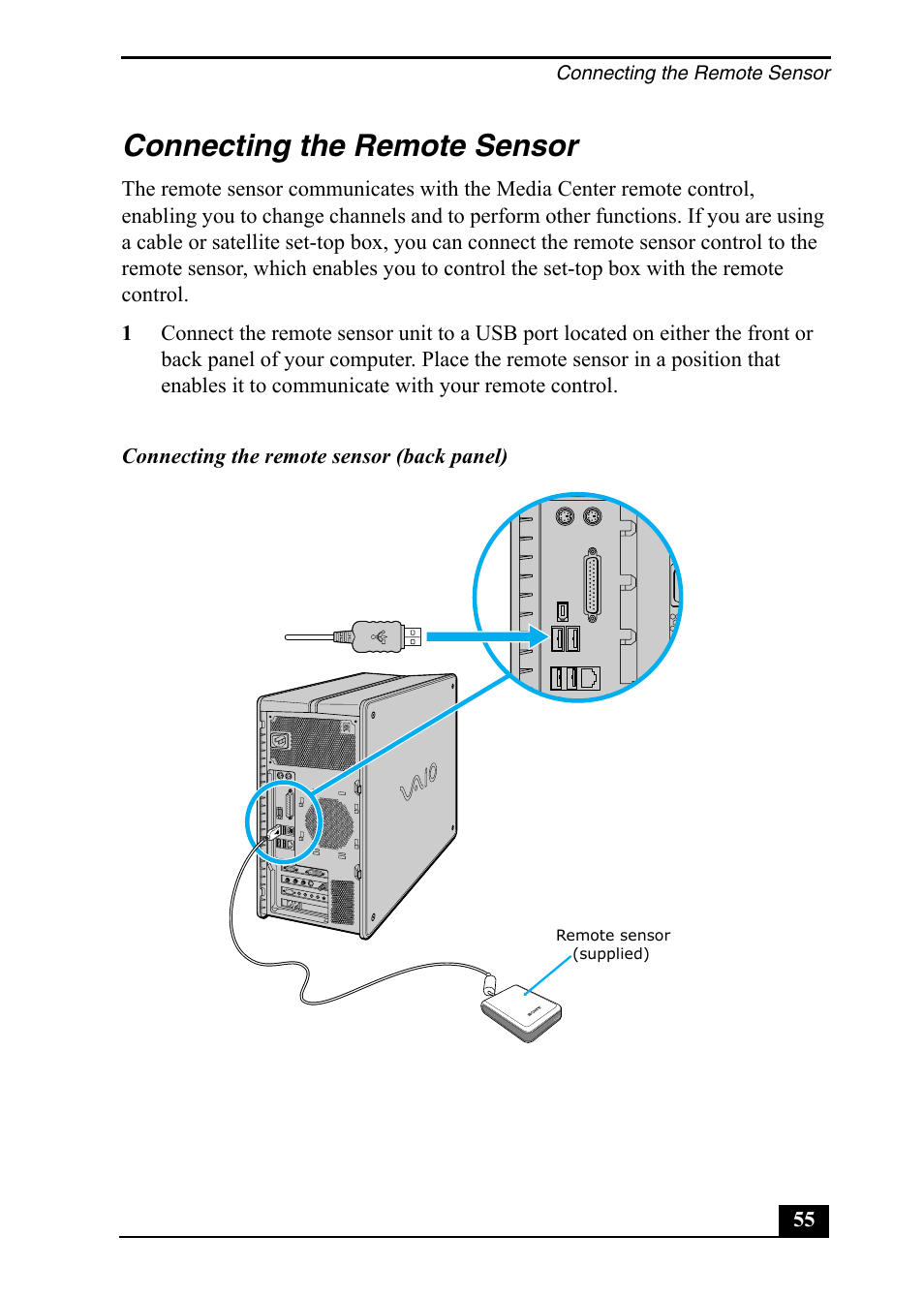 Connecting the remote sensor | Sony PCV-RZ49 User Manual | Page 55 / 84