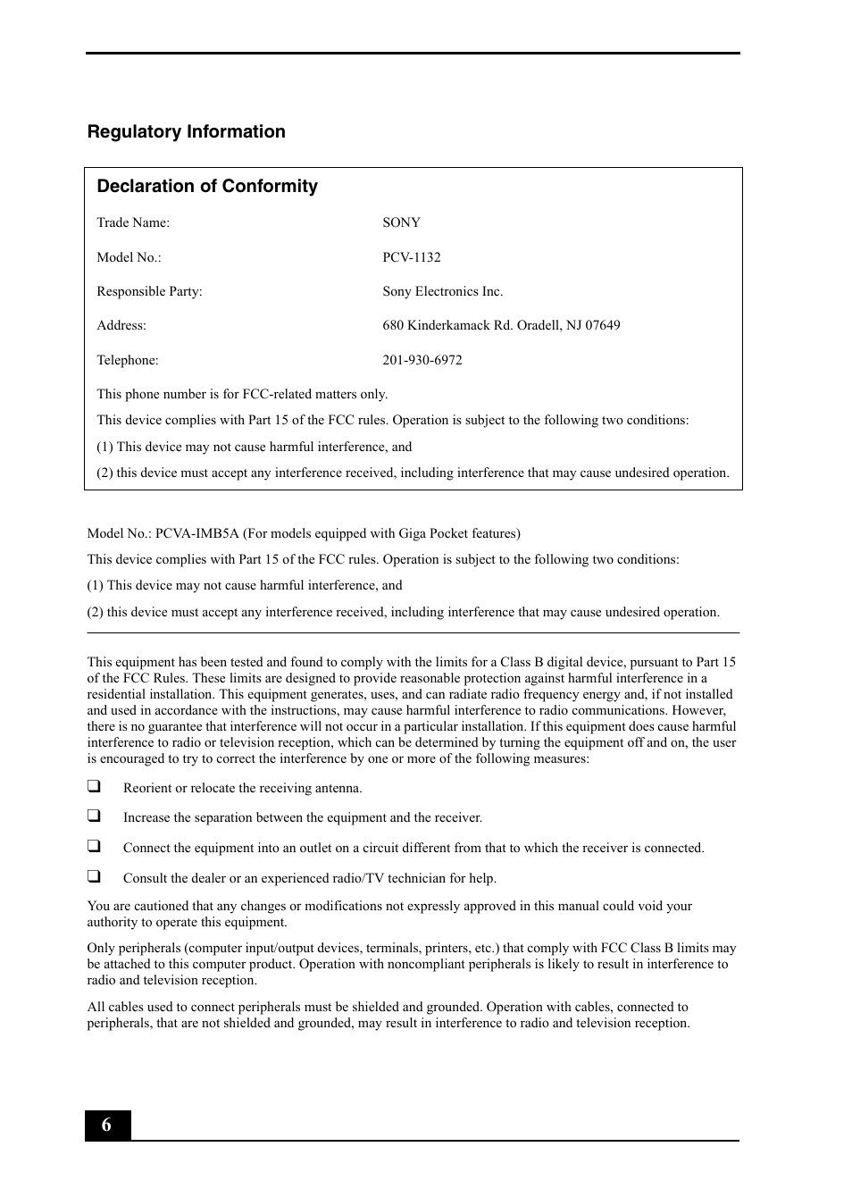 Regulatory information, Declaration of conformity | Sony PCV-RZ49 User Manual | Page 6 / 84