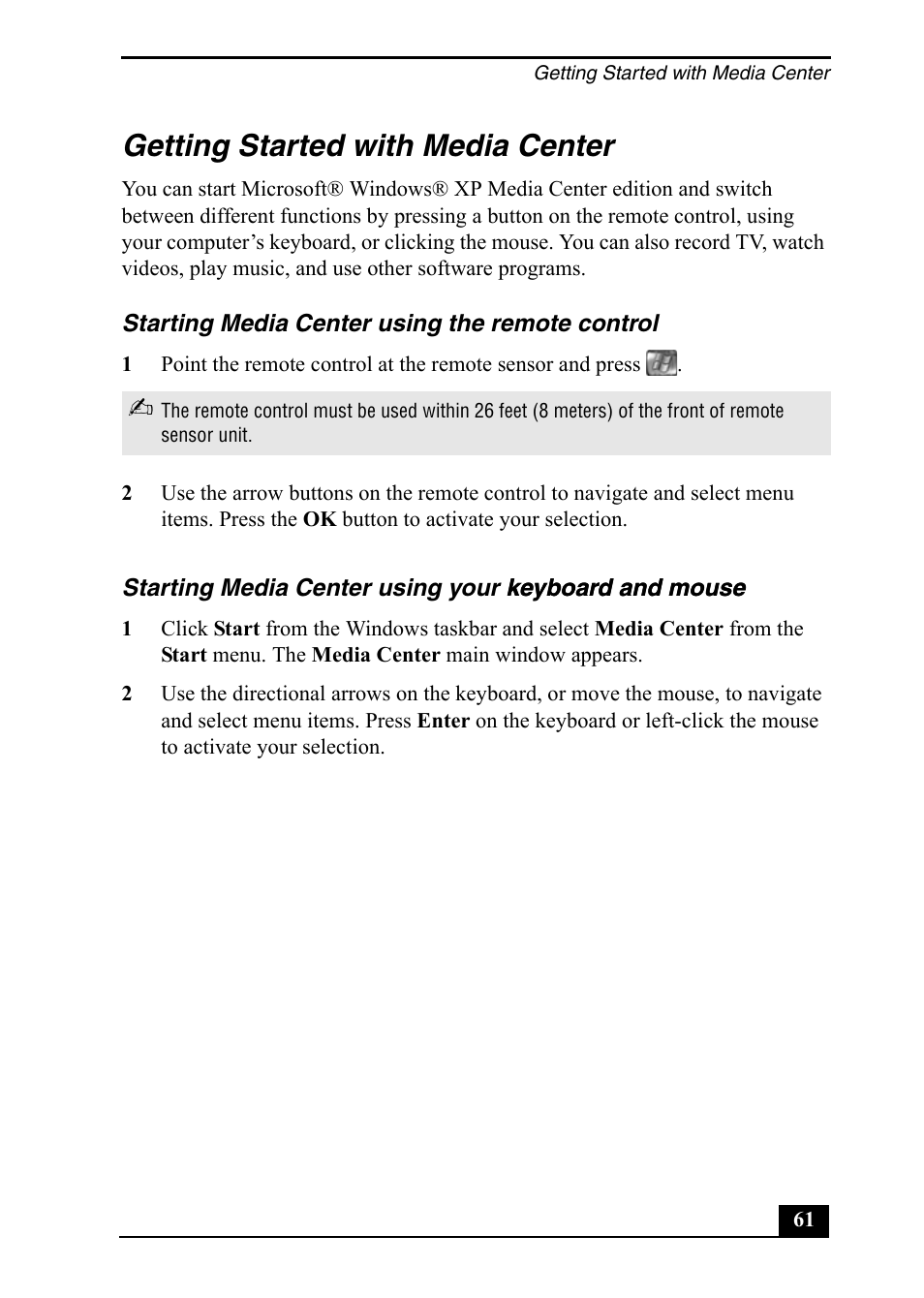 Getting started with media center | Sony PCV-RZ49 User Manual | Page 61 / 84