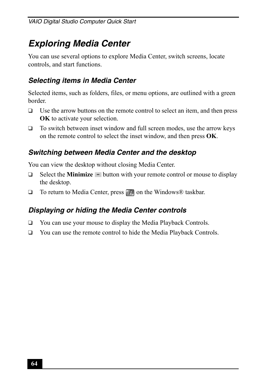 Exploring media center | Sony PCV-RZ49 User Manual | Page 64 / 84