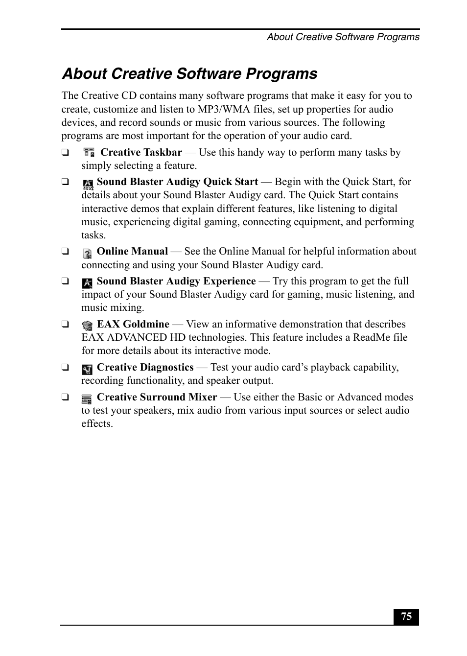 About creative software programs | Sony PCV-RZ49 User Manual | Page 75 / 84