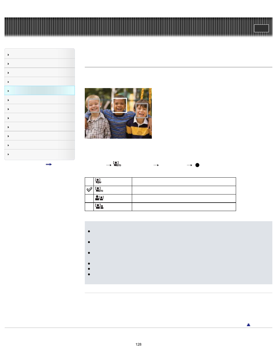 Face detection, Details, Cyber-shot user guide | Sony DSC-WX80 User Manual | Page 128 / 252