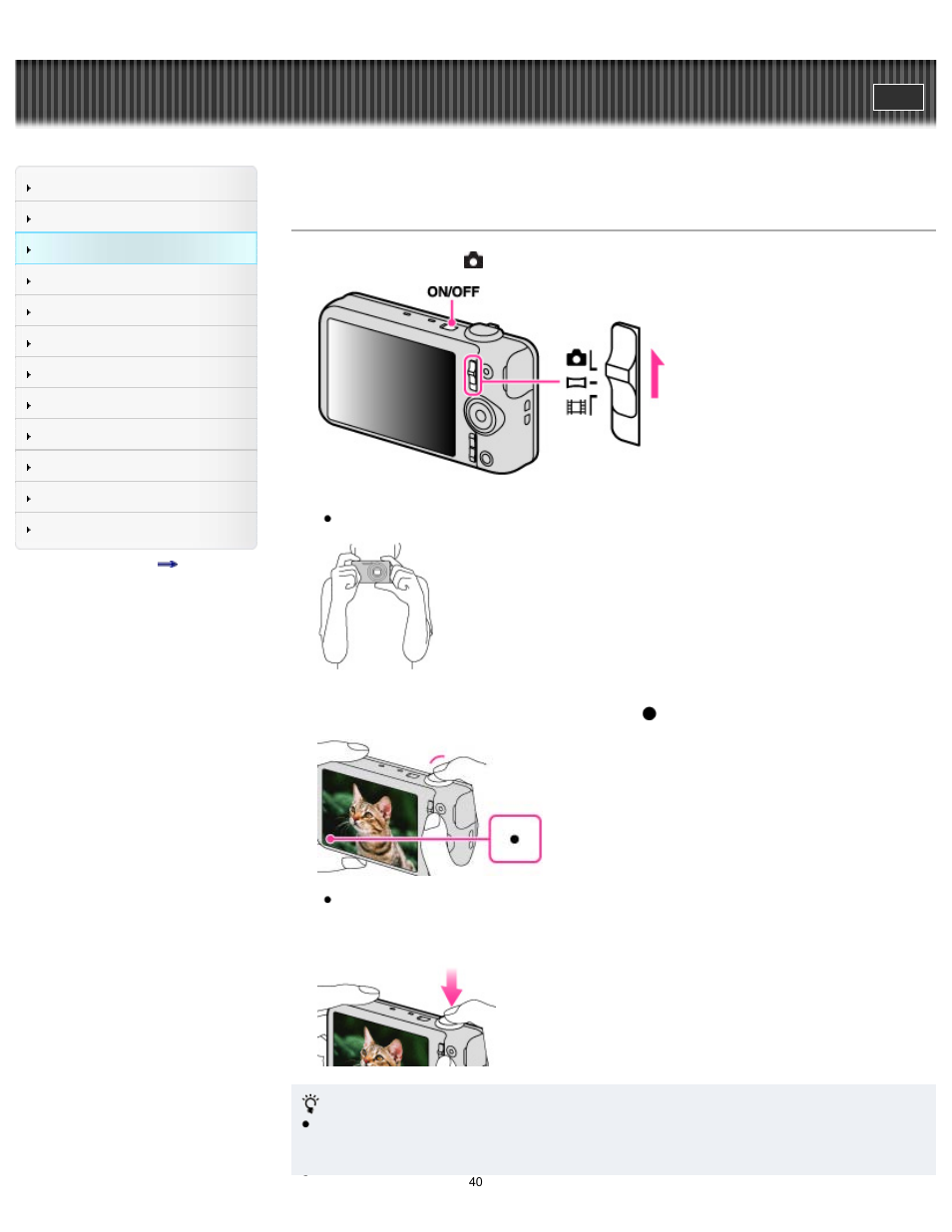 Shooting still images, Cyber-shot user guide | Sony DSC-WX80 User Manual | Page 40 / 252