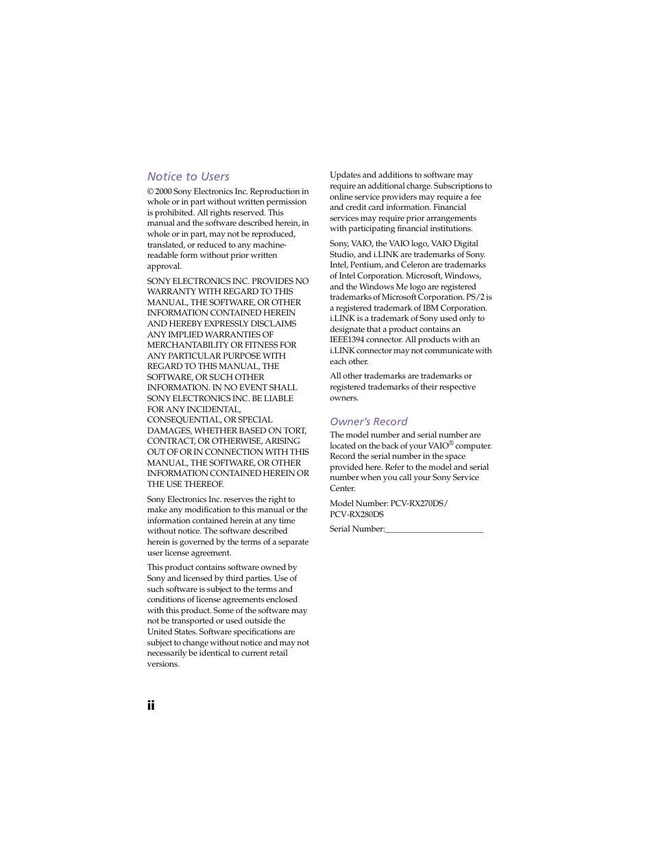 Notice to users, Owner’s record | Sony PCV-RX270DS User Manual | Page 2 / 118