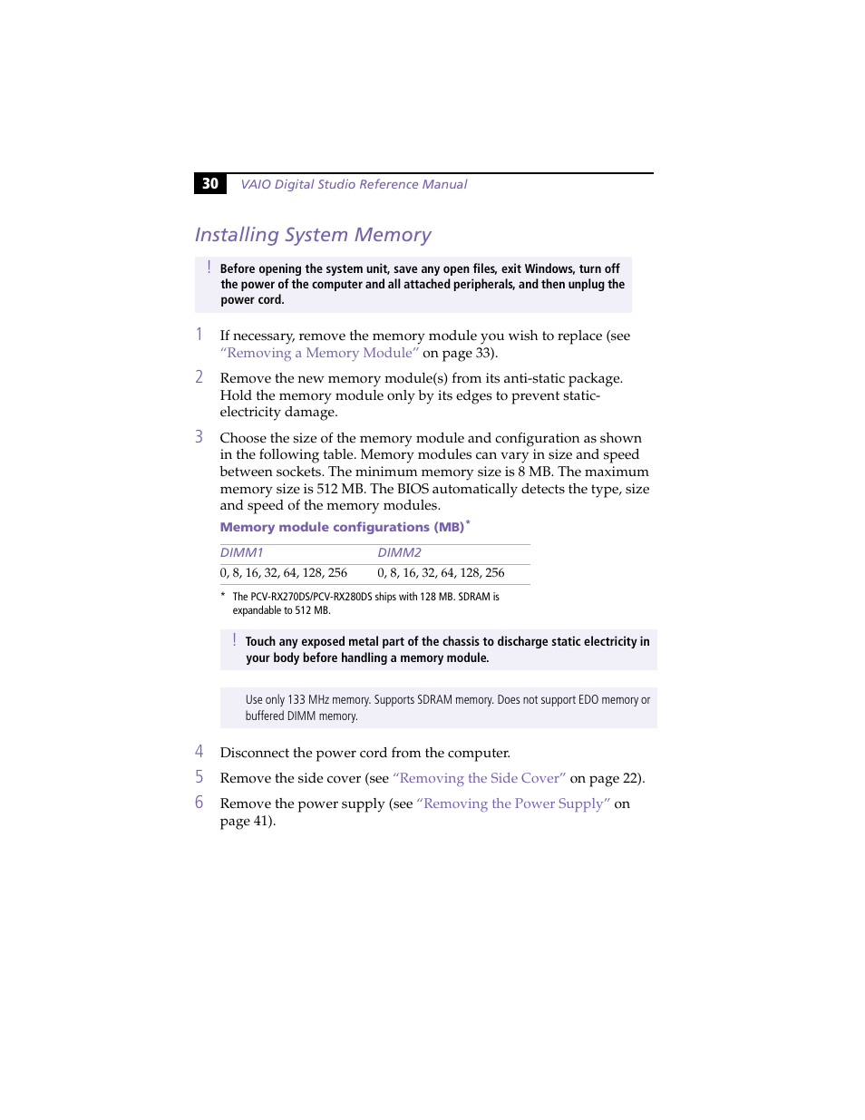 Installing system memory | Sony PCV-RX270DS User Manual | Page 44 / 118