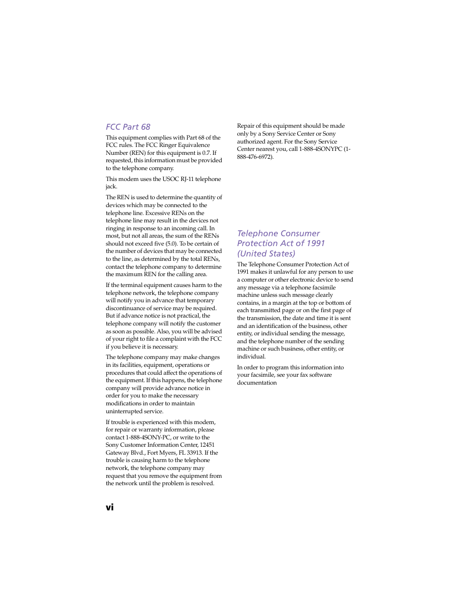 Fcc part 68 | Sony PCV-RX270DS User Manual | Page 6 / 118
