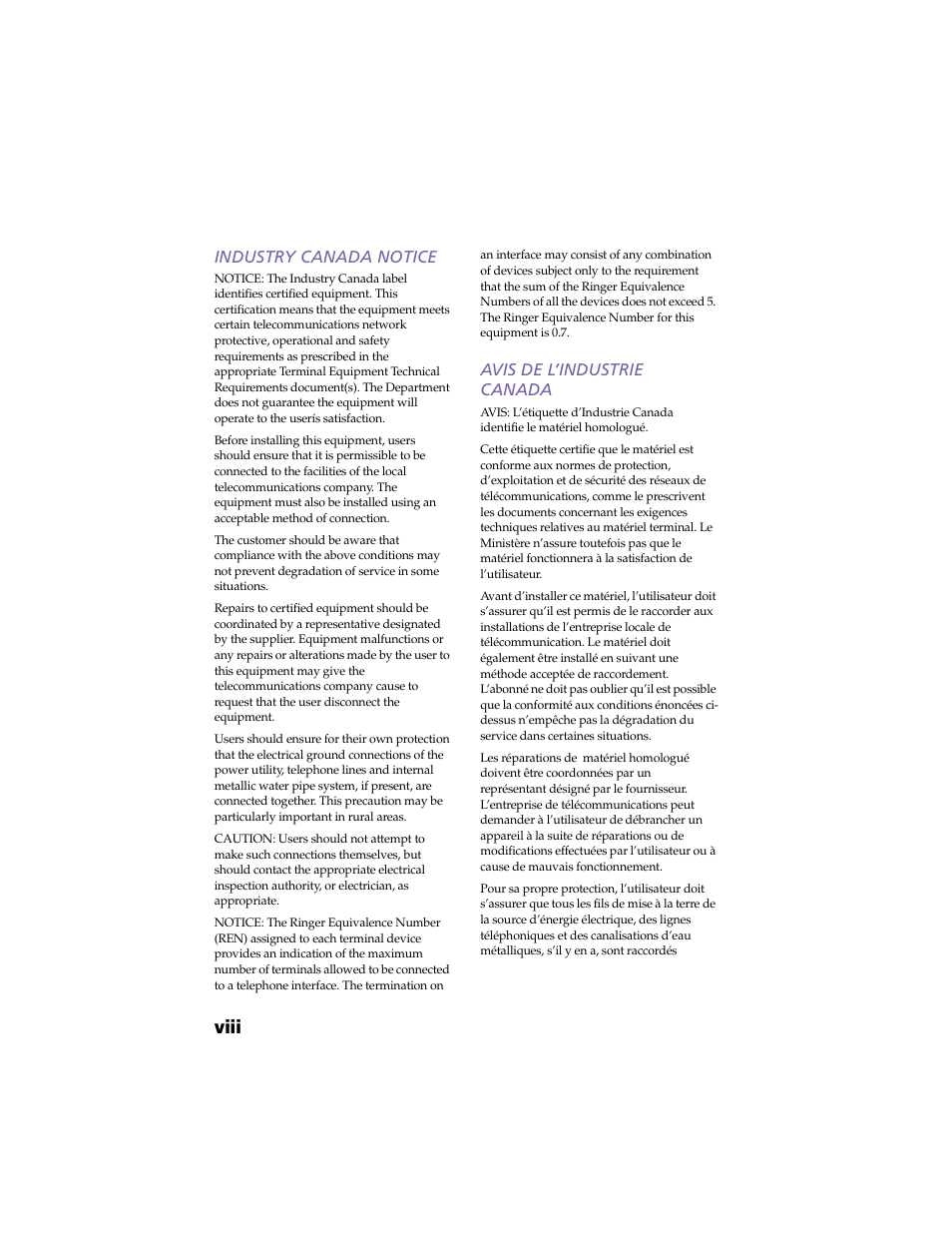 Industry canada notice, Avis de l’industrie canada, Viii | Sony PCV-RX270DS User Manual | Page 8 / 118