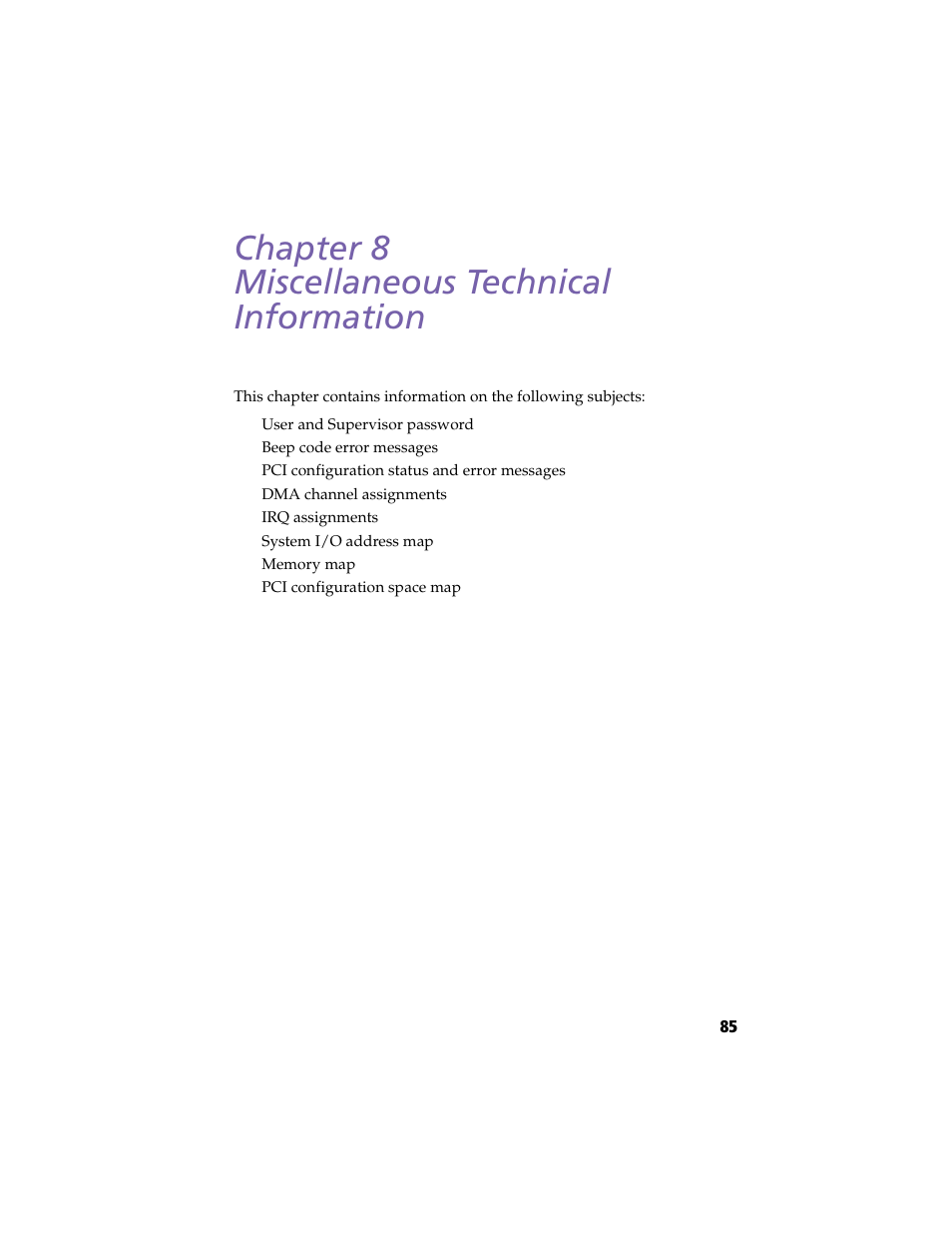 Miscellaneous technical information, Chapter 8 — miscellaneous technical information, Chapter 8 miscellaneous technical information | Sony PCV-RX270DS User Manual | Page 99 / 118