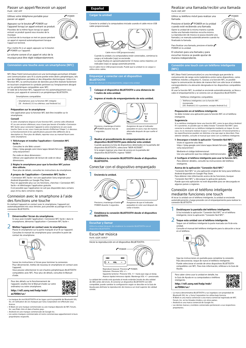Passer un appel/recevoir un appel, Conectar con el dispositivo emparejado, Escuchar música | Realizar una llamada/recibir una llamada, Español | Sony MDR-AS700BT User Manual | Page 2 / 2