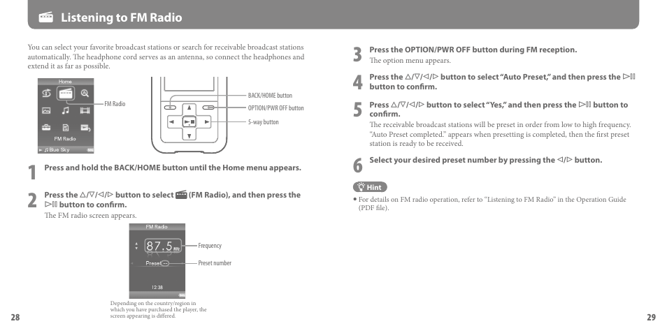 Listening to fm radio | Sony NWZ-S716FSNC User Manual | Page 15 / 16