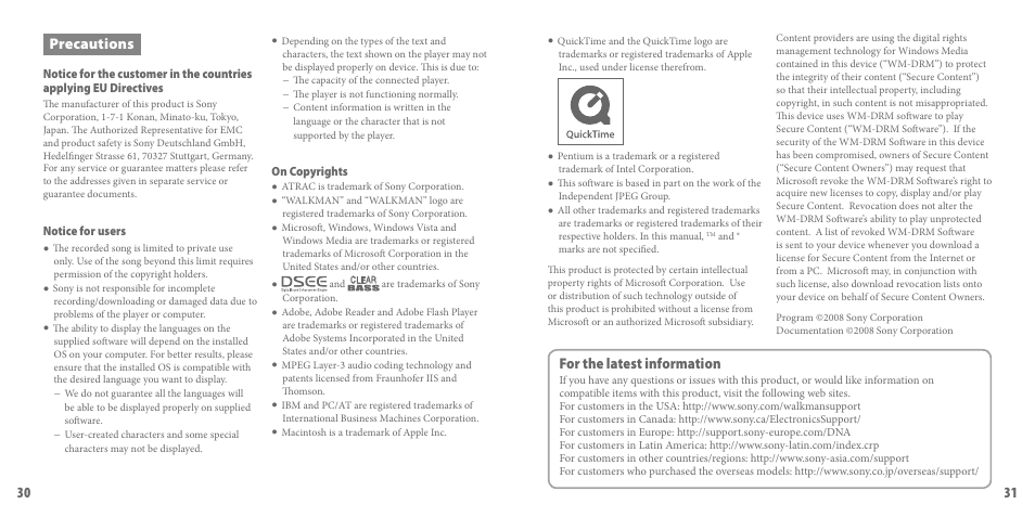 Precautions, 1 precautions, For the latest information | Sony NWZ-S716FSNC User Manual | Page 16 / 16