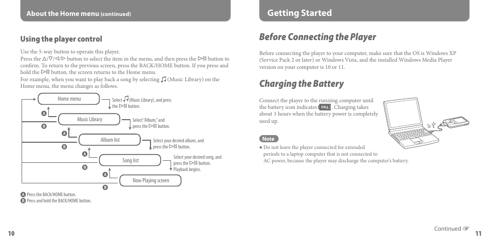 Getting started, Before connecting the player, Charging the battery | Using the player control | Sony NWZ-S716FSNC User Manual | Page 6 / 16