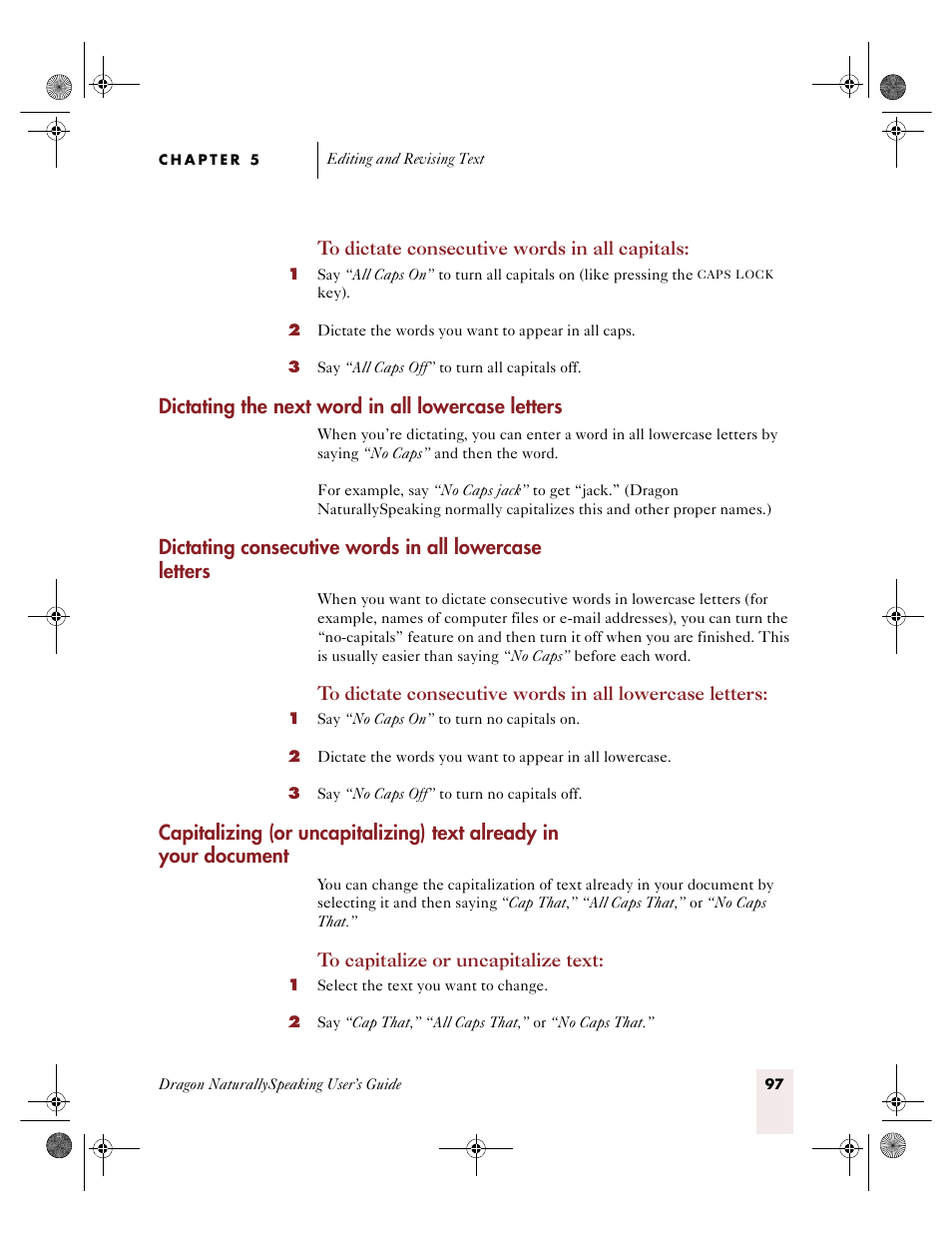 Ge 97, Dictating the next word in all lowercase letters | Sony ICD-R100VTP User Manual | Page 103 / 222