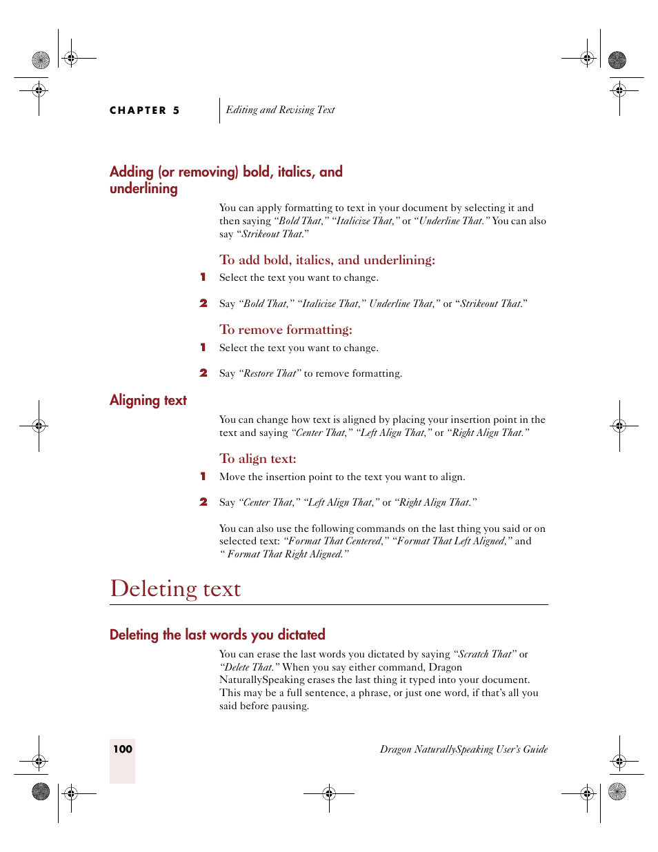 Deleting text, Aligning text, Deleting the last words you dictated | Sony ICD-R100VTP User Manual | Page 106 / 222