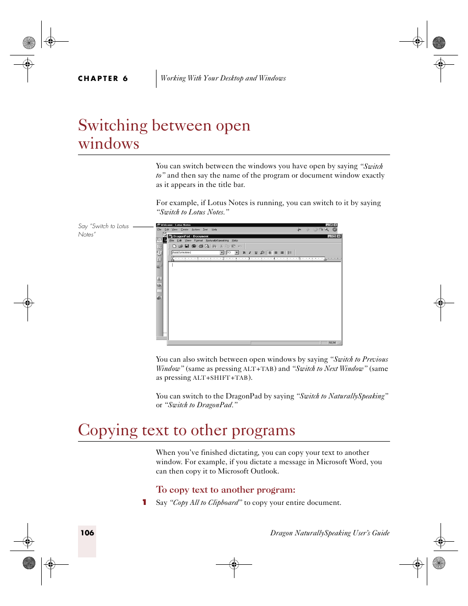 Switching between open windows, Copying text to other programs | Sony ICD-R100VTP User Manual | Page 112 / 222