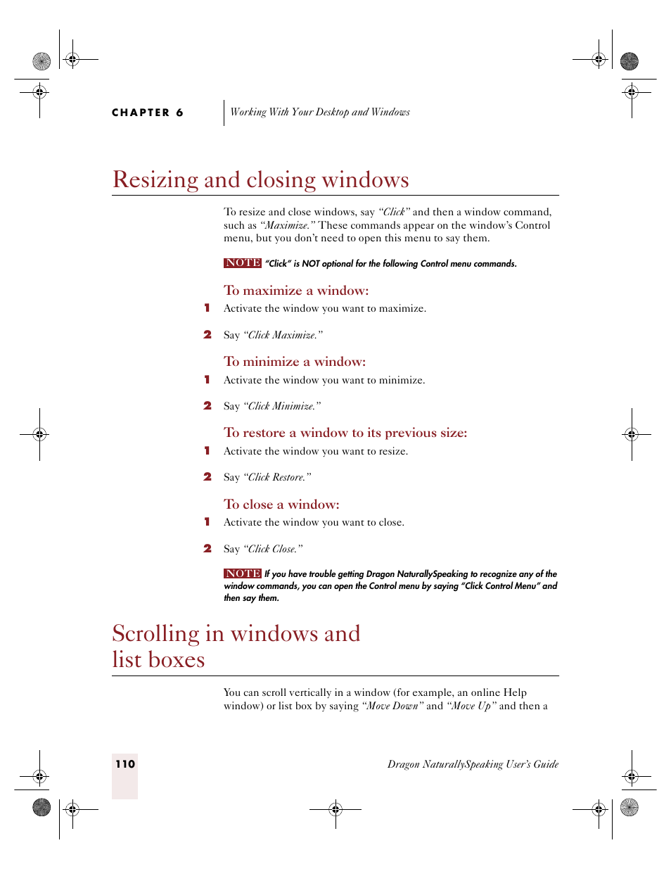 Resizing and closing windows, Scrolling in windows and listboxes, Scrolling in windows and list boxes | Sony ICD-R100VTP User Manual | Page 116 / 222