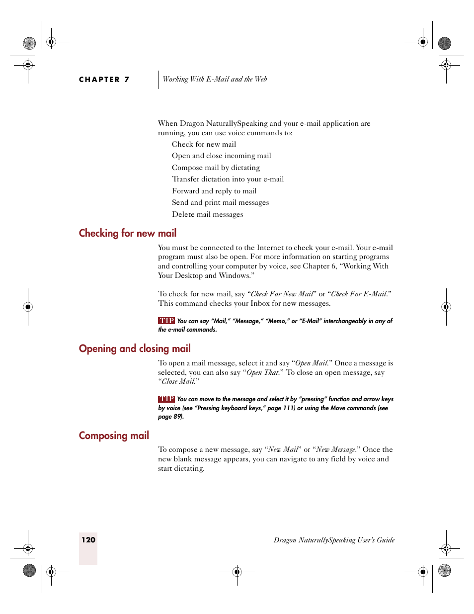Checking for new mail, Opening and closing mail, Composing mail | Sony ICD-R100VTP User Manual | Page 126 / 222