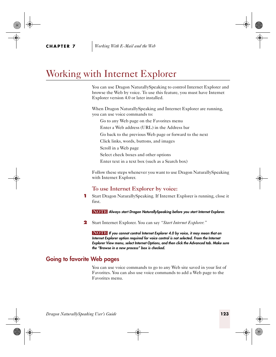 Working with internet explorer, Ge 123, Going to favorite web pages | Sony ICD-R100VTP User Manual | Page 129 / 222