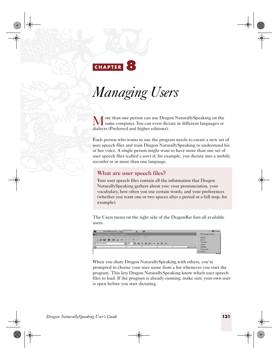Managing users, C h a p t e r 8, Ter 8, “managing user | Sony ICD-R100VTP User Manual | Page 137 / 222
