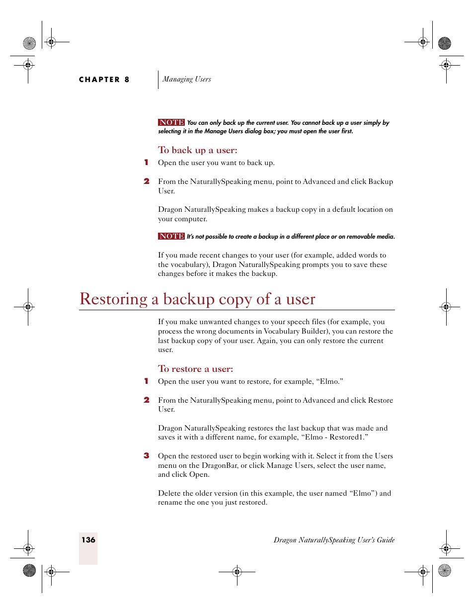 Restoring a backup copy of a user | Sony ICD-R100VTP User Manual | Page 142 / 222