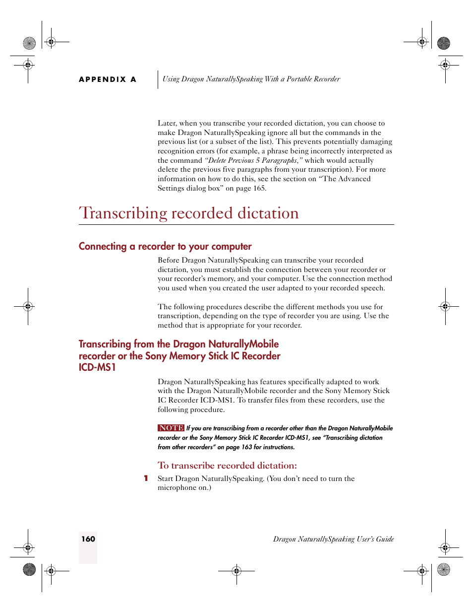 Transcribing recorded dictation, Connecting a recorder to your computer | Sony ICD-R100VTP User Manual | Page 166 / 222