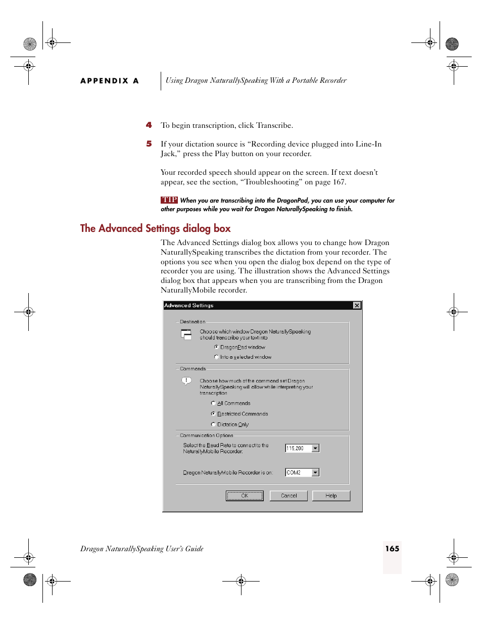 On “the advanced settings dialog box, Ge 165, The advanced settings dialog box | Sony ICD-R100VTP User Manual | Page 171 / 222