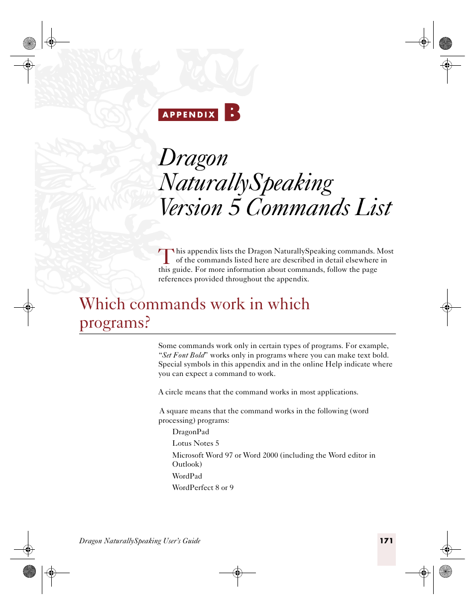 Dragon naturallyspeaking version 5 commands list, Which commands work in which programs, A p p e n d i x b | E “which commands work in which programs, Ge 17, Ge 171, Ix b | Sony ICD-R100VTP User Manual | Page 177 / 222