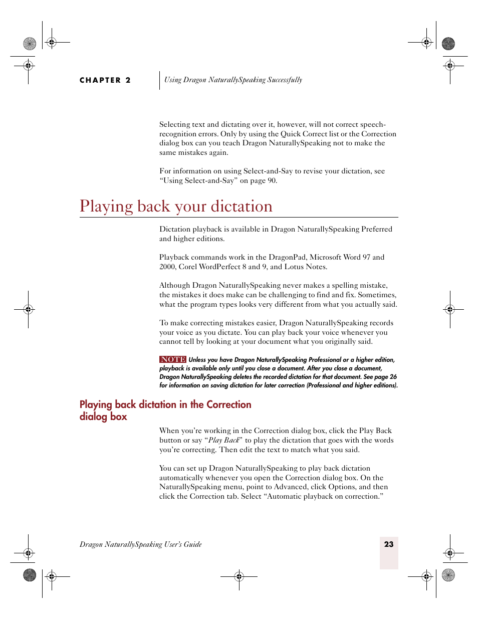 Playing back your dictation, E “playing back your dictatio, Ge 23 | Sony ICD-R100VTP User Manual | Page 29 / 222