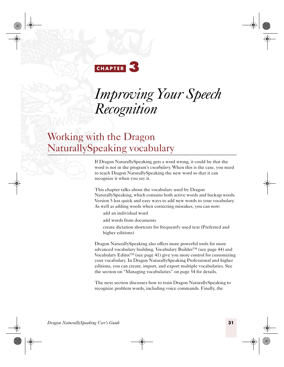Improving your speech recognition, C h a p t e r 3, Improving your speech recognitio | E 31 | Sony ICD-R100VTP User Manual | Page 37 / 222