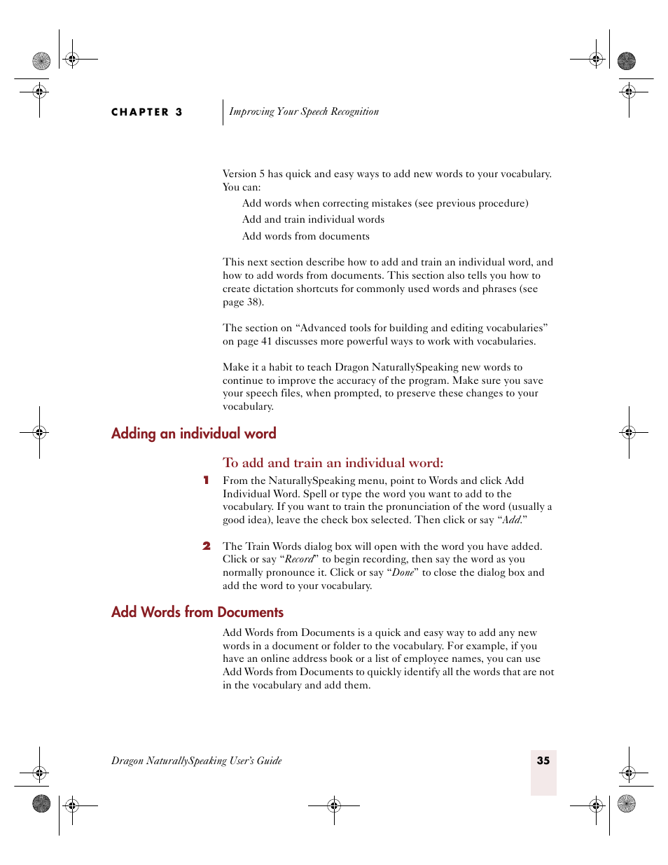 E “add words from documents, Ge 35, Adding an individual word | Add words from documents | Sony ICD-R100VTP User Manual | Page 41 / 222