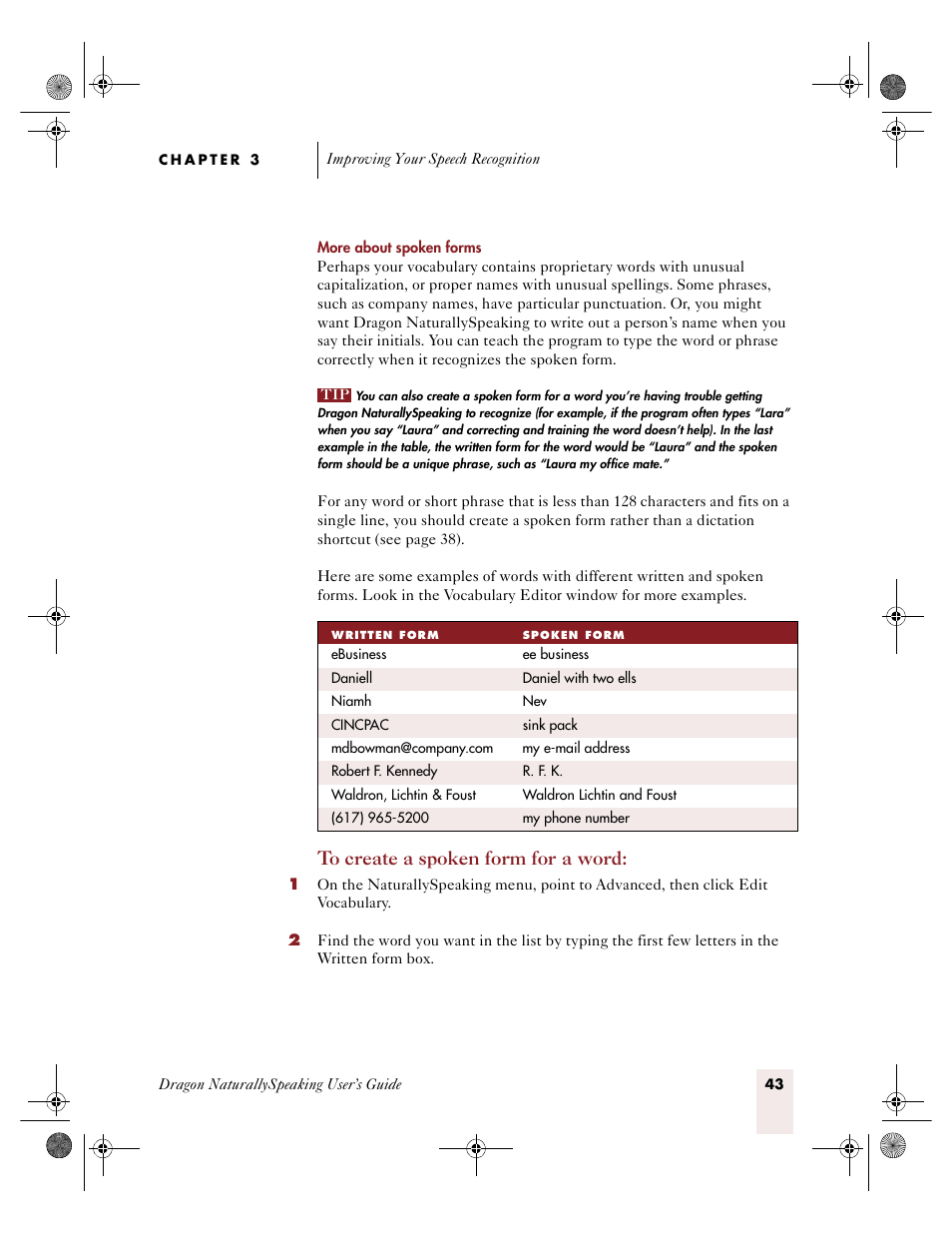 E “more about spoken form, E “to create a spoken form for a word, Ge 43 | Sony ICD-R100VTP User Manual | Page 49 / 222