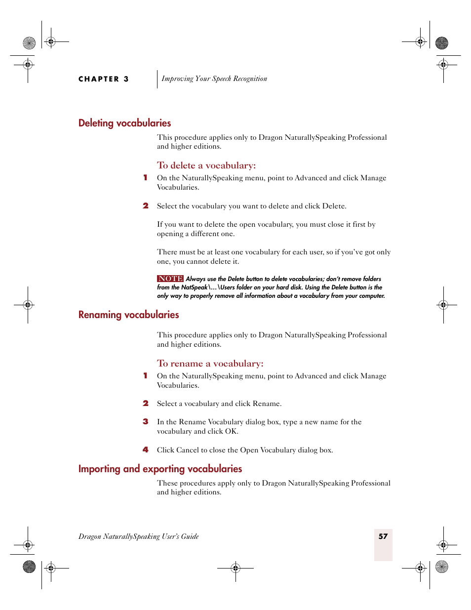 E “importing and exporting vocabularies, E 57, Deleting vocabularies | Renaming vocabularies, Importing and exporting vocabularies | Sony ICD-R100VTP User Manual | Page 63 / 222