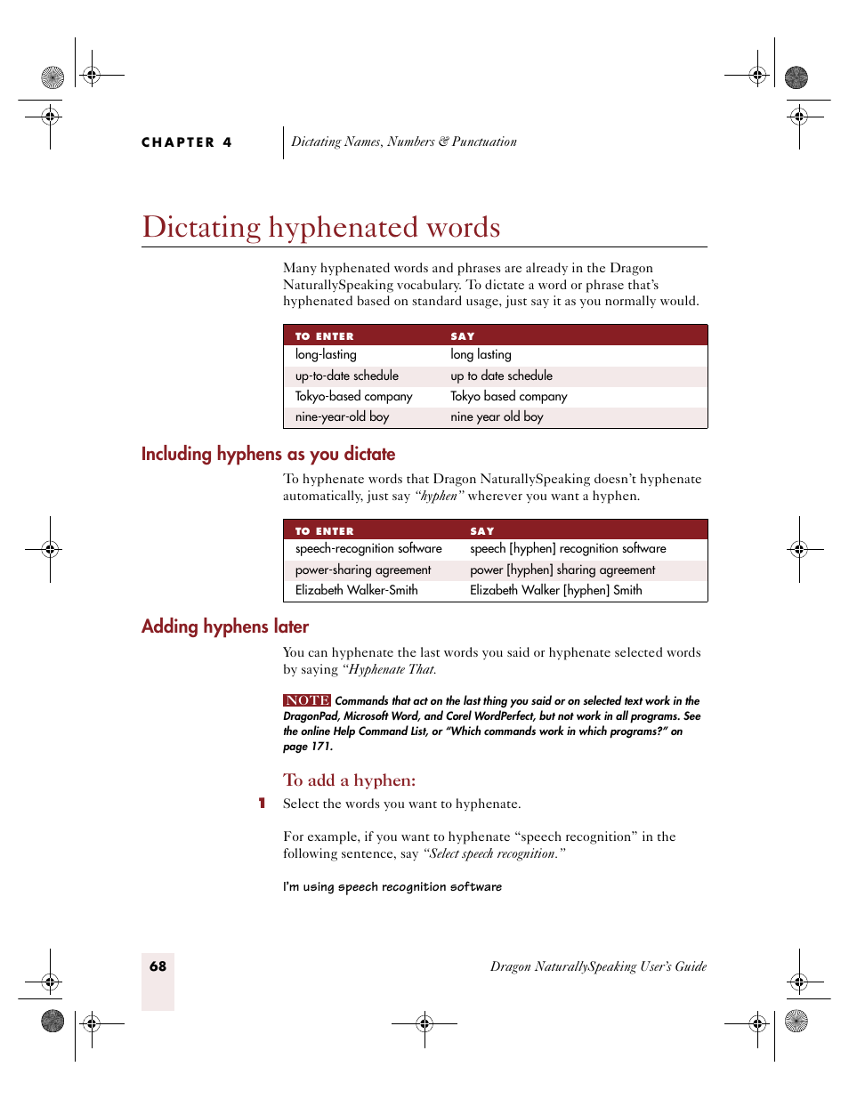 Dictating hyphenated words, Including hyphens as you dictate, Adding hyphens later | Sony ICD-R100VTP User Manual | Page 74 / 222