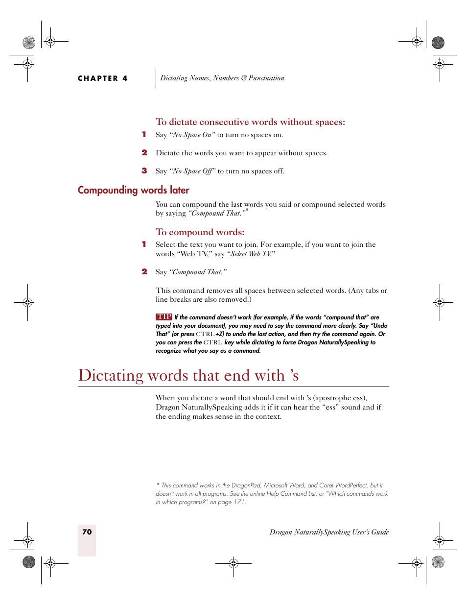 Dictating words that end with ’s, Compounding words later | Sony ICD-R100VTP User Manual | Page 76 / 222