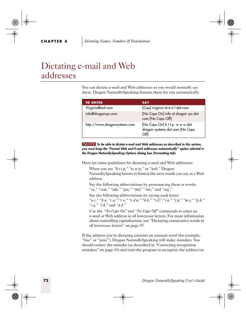 Dictating email and web addresses, Dictating e-mail and web addresses | Sony ICD-R100VTP User Manual | Page 78 / 222