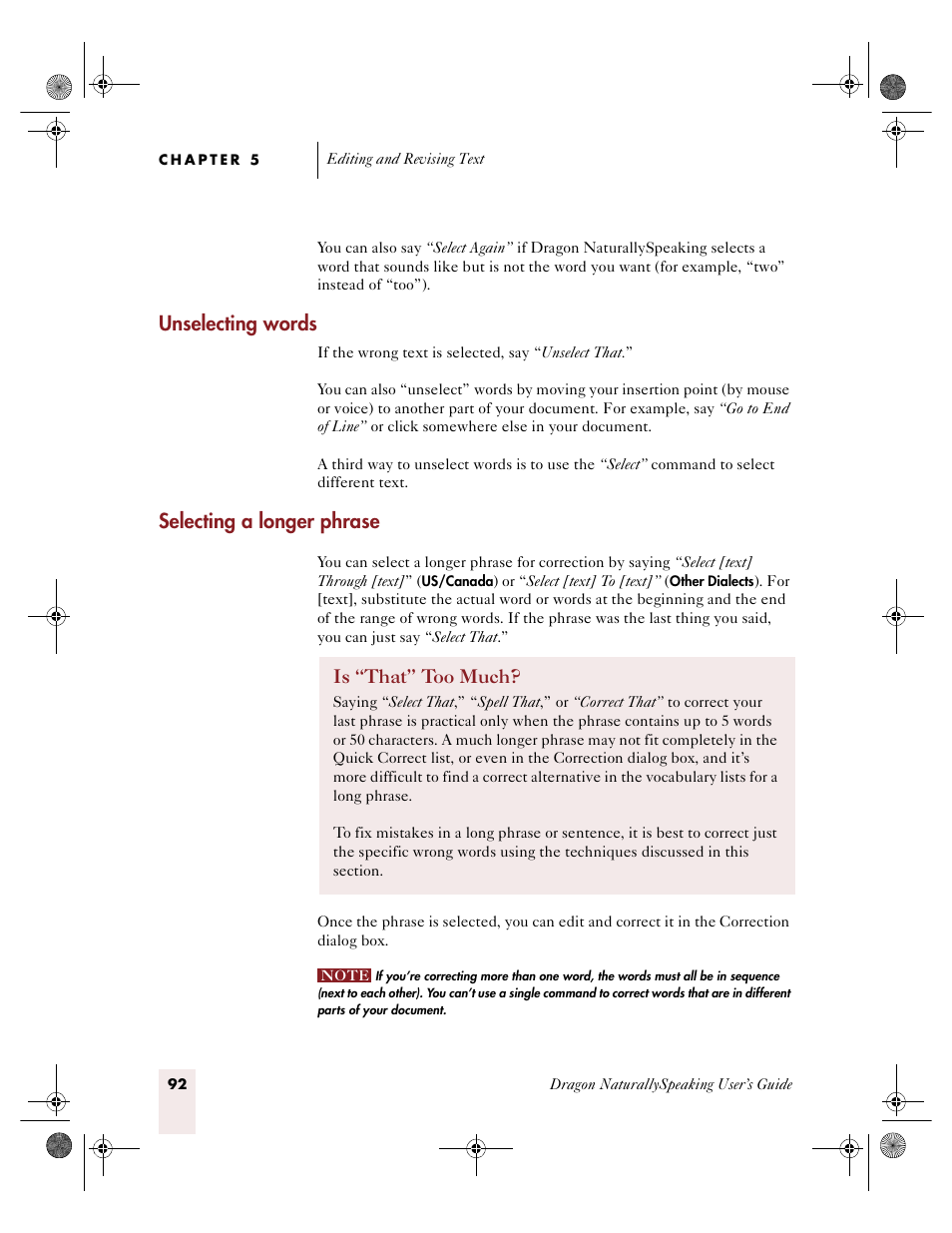 Unselecting words, Selecting a longer phrase | Sony ICD-R100VTP User Manual | Page 98 / 222