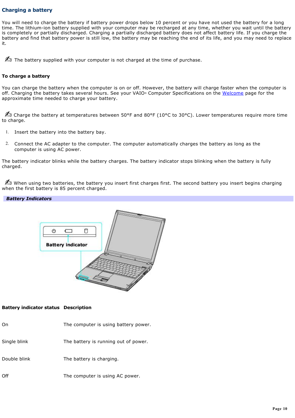 Charging a battery | Sony PCG-V505AC User Manual | Page 10 / 164