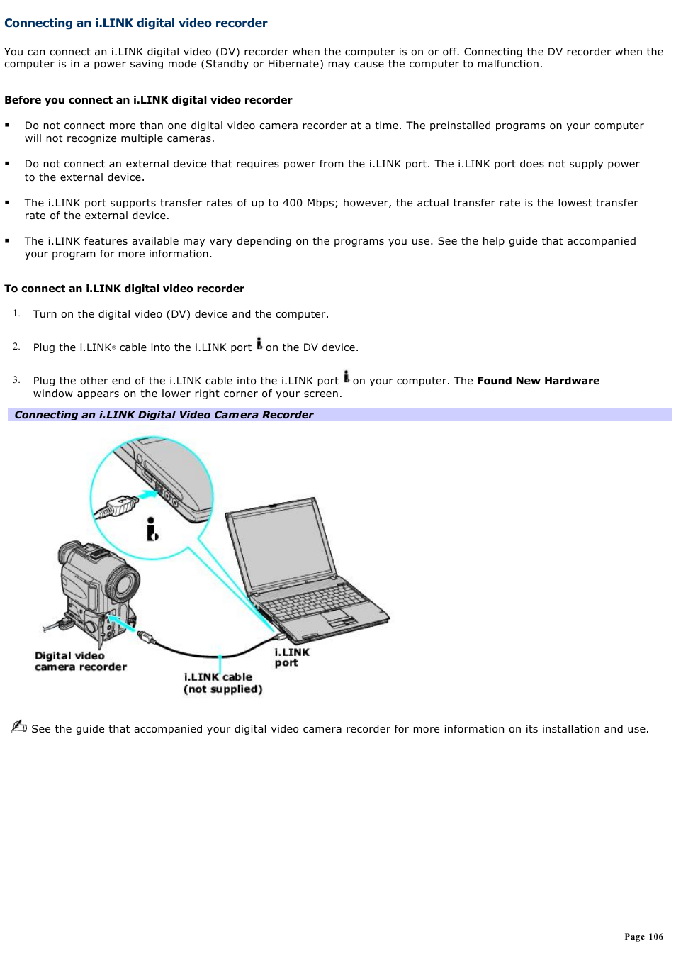 Connecting an i.link digital video recorder | Sony PCG-V505AC User Manual | Page 106 / 164