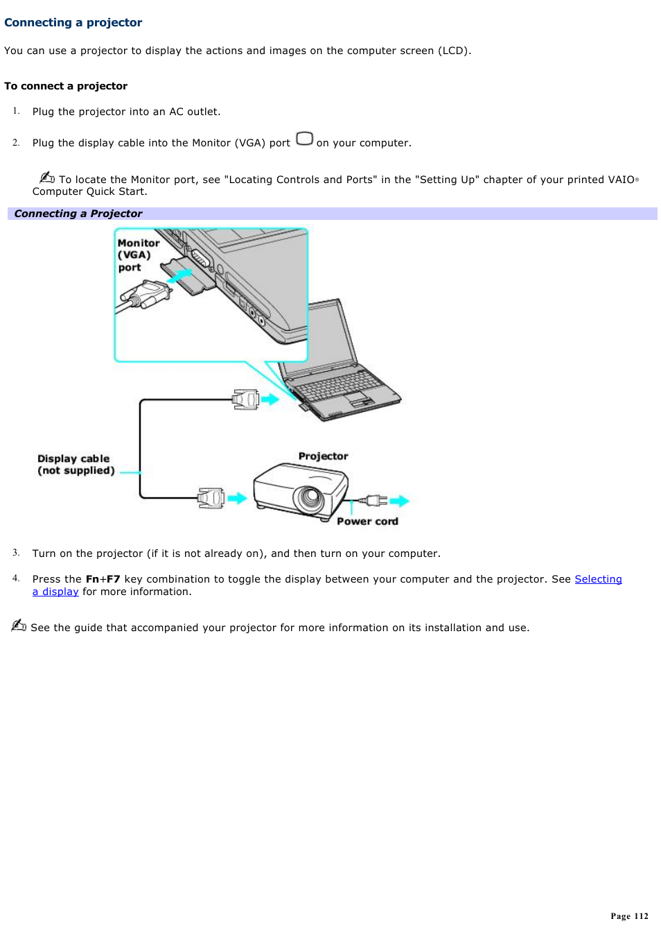 Connecting a projector | Sony PCG-V505AC User Manual | Page 112 / 164