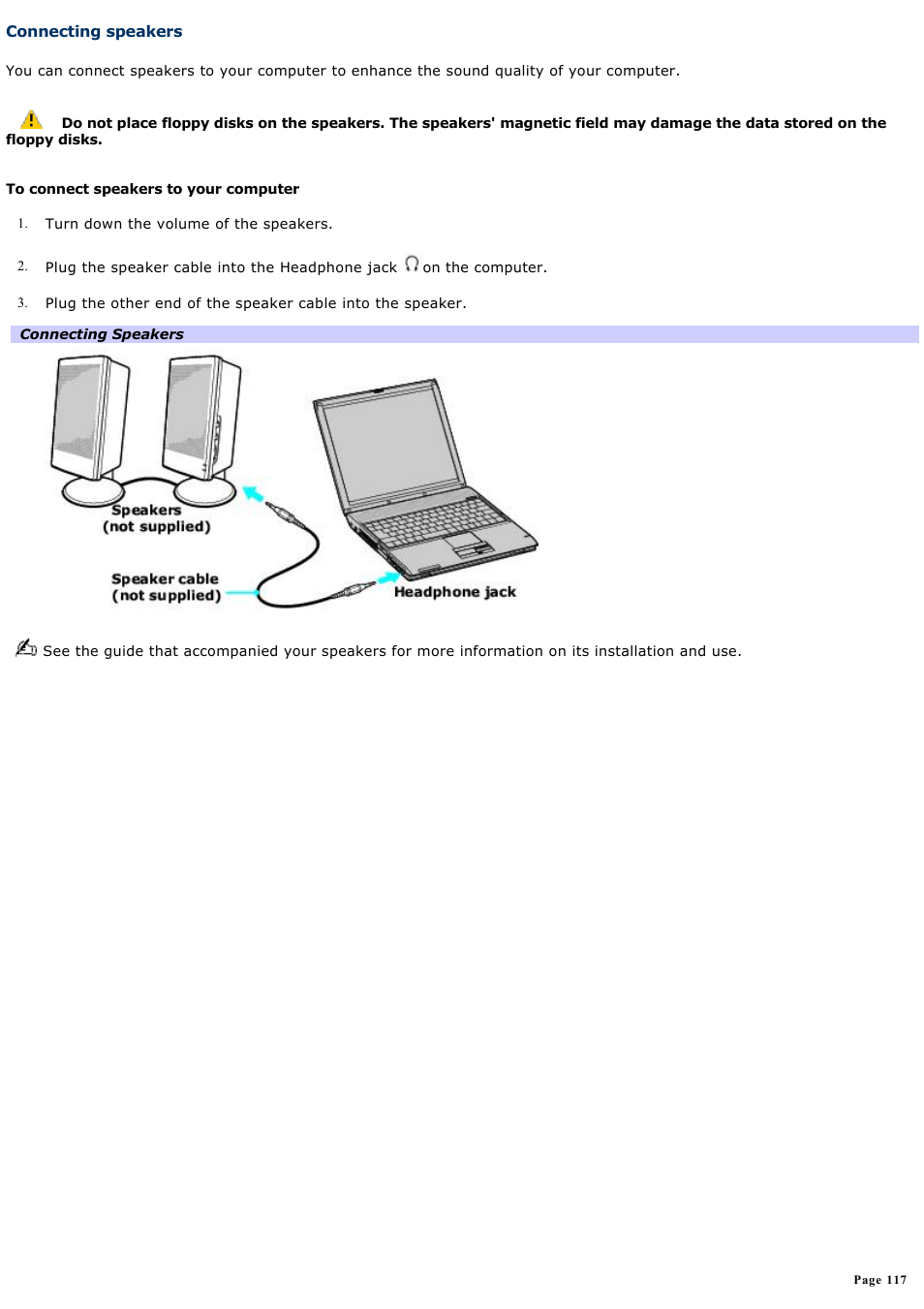 Connecting speakers | Sony PCG-V505AC User Manual | Page 117 / 164