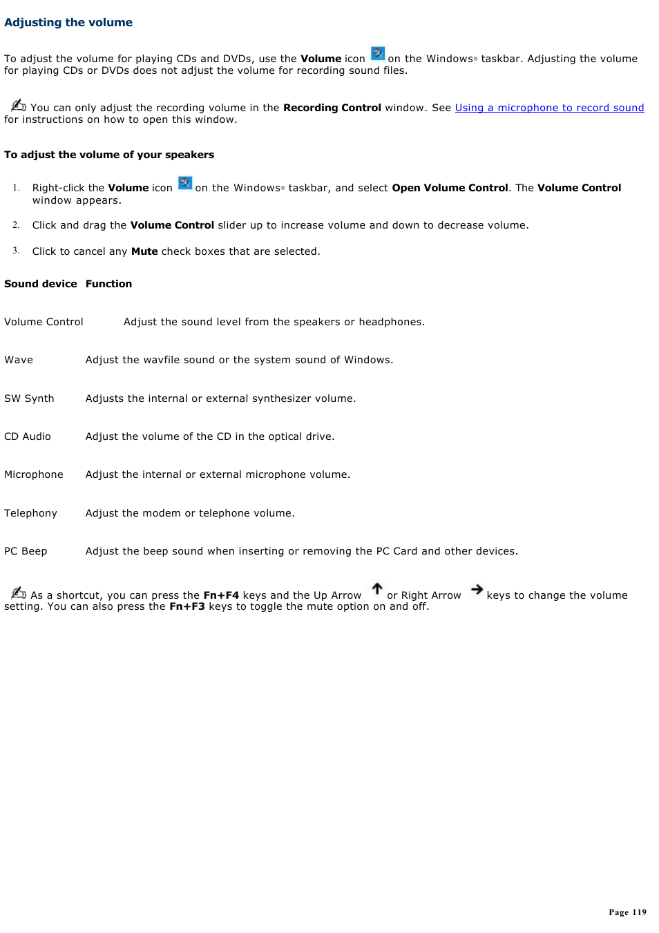 Adjusting the volume | Sony PCG-V505AC User Manual | Page 119 / 164