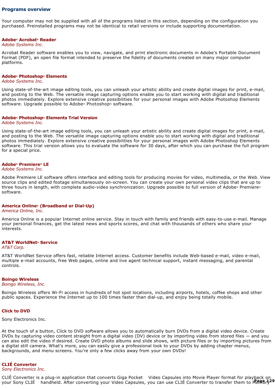 Programs overview, Section, depending on the | Sony PCG-V505AC User Manual | Page 129 / 164