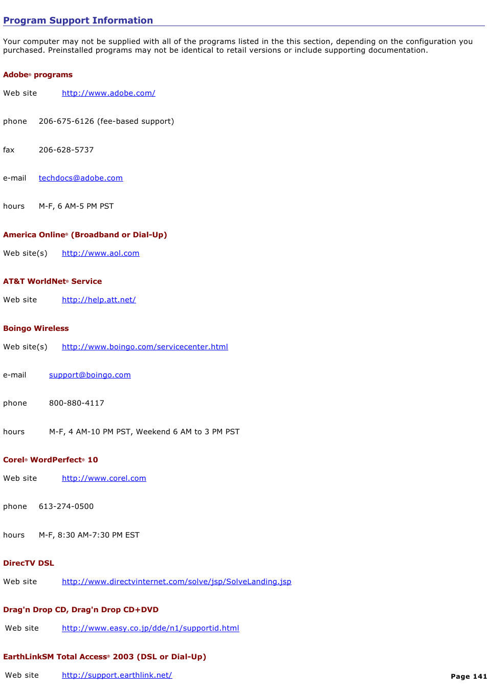 Program support information | Sony PCG-V505AC User Manual | Page 141 / 164