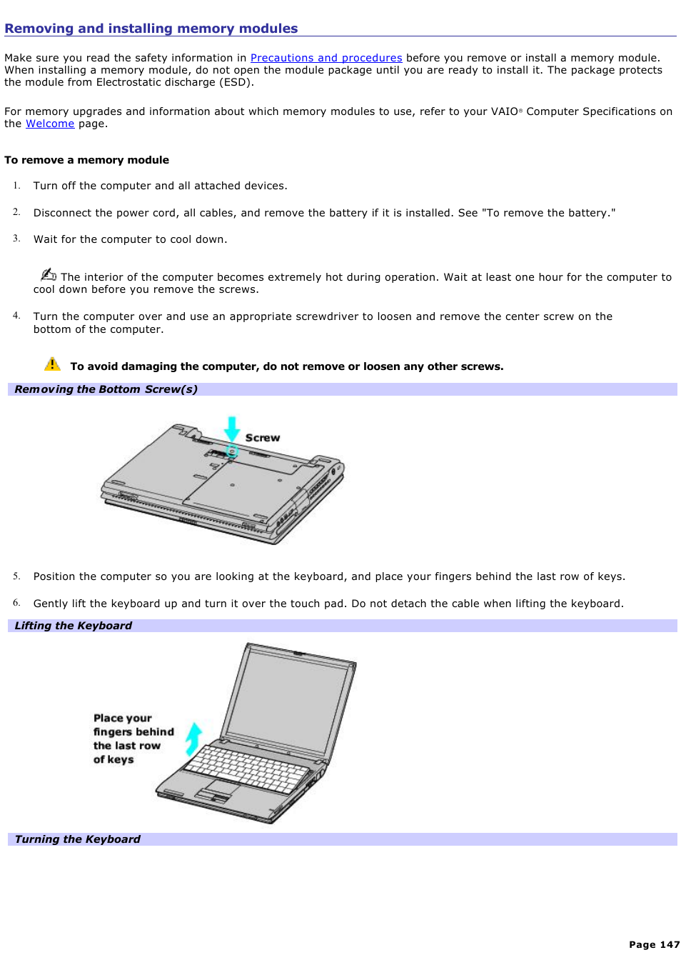 Removing and installing memory modules | Sony PCG-V505AC User Manual | Page 147 / 164